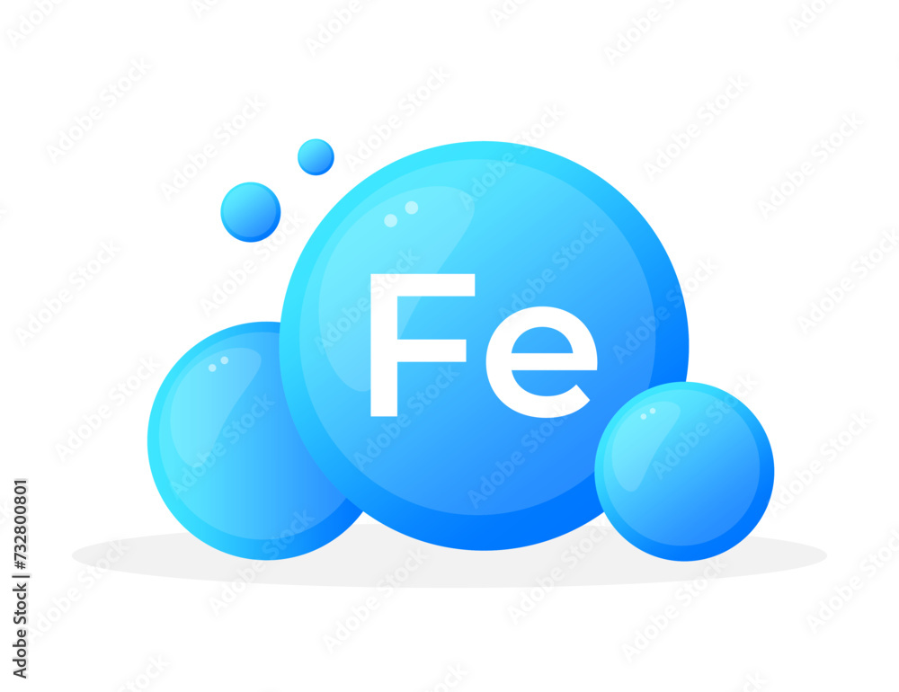 Iron element with dynamic blue bubbles and Fe symbol