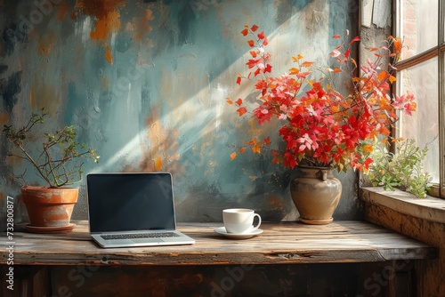Amidst the warmth of autumn, a laptop and coffee sit upon a wooden table, surrounded by a houseplant, vase of flowers, and a flowerpot, creating a peaceful indoor scene