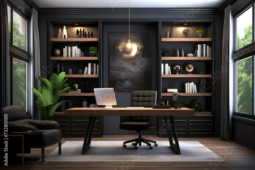 Beautiful office room of a house with elegant view and ecological view with plants and black wall and wood floor with beautiful cupboard, generative ai © graphic_circle