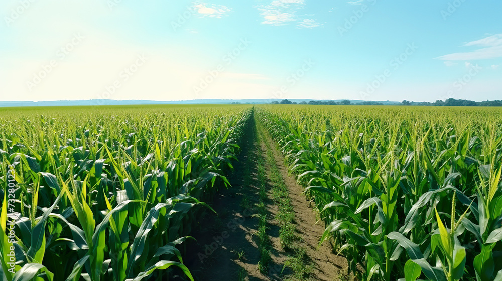 Vibrant Cornfield Pathway under Blue Sky Vibrant Cornfield Pathway under Blue Sky