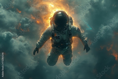 A lone astronaut fights for survival amidst the fiery chaos of a high-stakes action-adventure game in this intense cg artwork captured from a pc game's screenshot