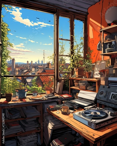  Enjoying Urban Panorama from a room window in anime style 