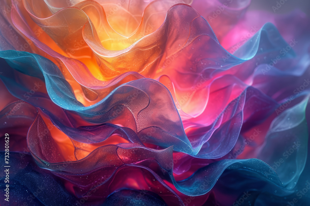 A maximalist abstract artwork uses layers of translucent colors to create depth and complexity, inviting viewers to explore the intricate interplay of hues in a visually captivating. Generative Ai.