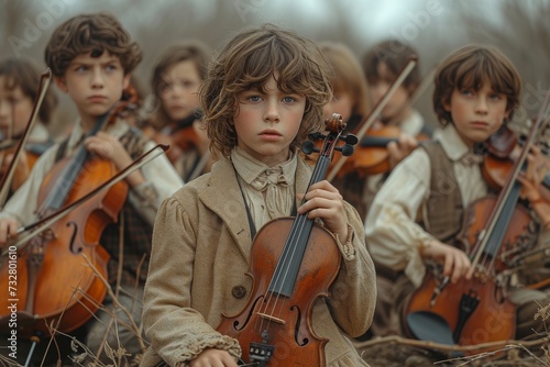 A group of young boys dressed in traditional clothing play classical music on their violins, evoking a sense of passion and unity through their shared love for the string instrument