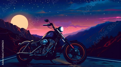 Midnight Ride  Motorcycle Adventure Under the Starlit Sky. Generative ai