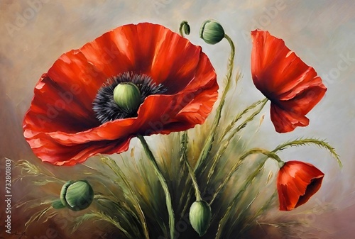 Blooming Red Poppy Flowers Summertime Floral Nature Illustration 