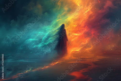 A mystical scene with a figure emitting a spectrum of colorful waves, symbolizing psychic energy. Concept of energy fields and psychic aura. Generative Ai.