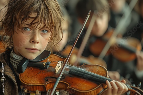 A young violinist gracefully plays a classical melody, their hair gently swaying in the outdoor breeze as they pour their heart and soul into the strings of their instrument