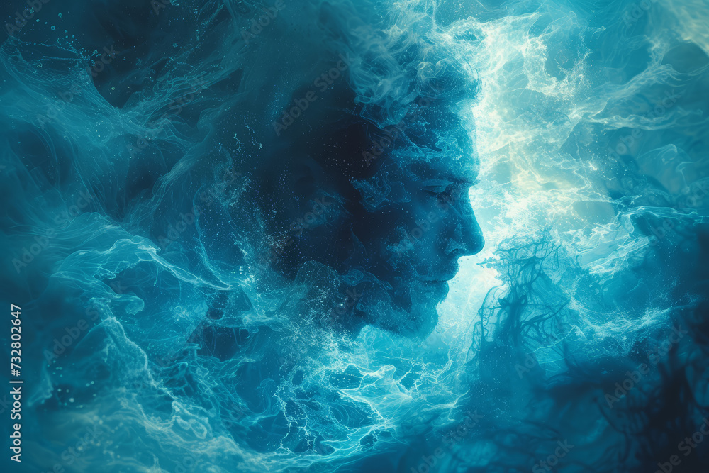 A conceptual representation of psychic healing, with soothing waves enveloping a figure. Concept of healing energies and psychic restoration. Generative Ai. A conceptual representation of psychic healing, with soothing waves enveloping a figure. Concept of healing energies and psychic restoration. Generative Ai.
