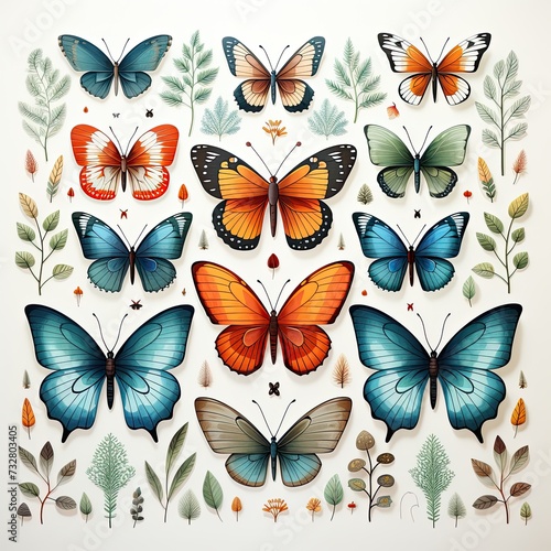 Beautiful colorful butterflies pattern on white background illustration. Different types of butterflies art. Insects butterflies stickers print  ornament.