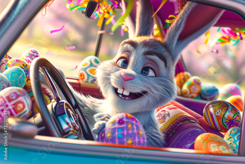 Cute bunny driving car full of Easter eggs, funny rabbit character, Easter cartoon Illustration