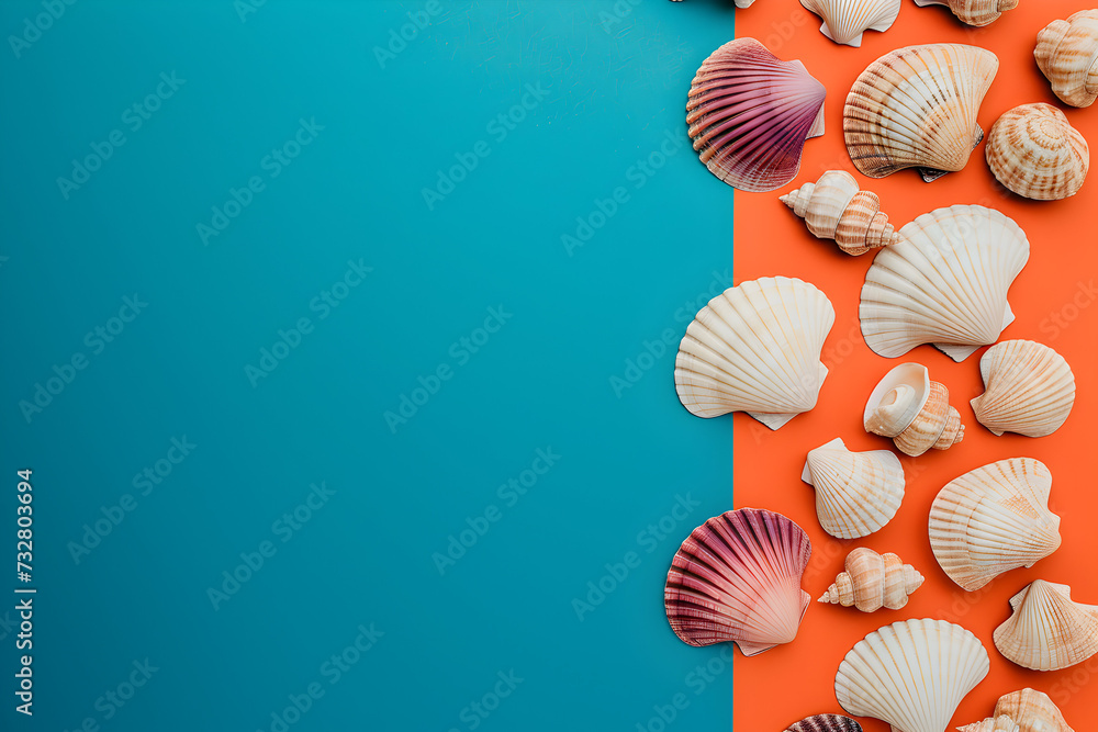 geometric two colored background with seashells.free space,concept of travel geometric two colored background with seashells.free space,concept of travel