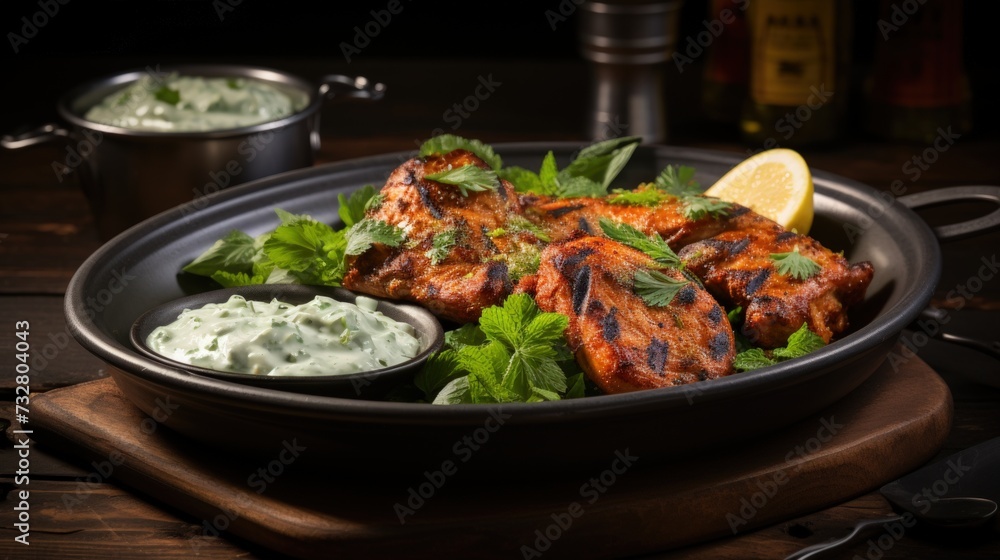 Tandoori Chicken with Mint Yogurt Sauce. Best For Banner, Flyer, and Poster Tandoori Chicken with Mint Yogurt Sauce. Best For Banner, Flyer, and Poster