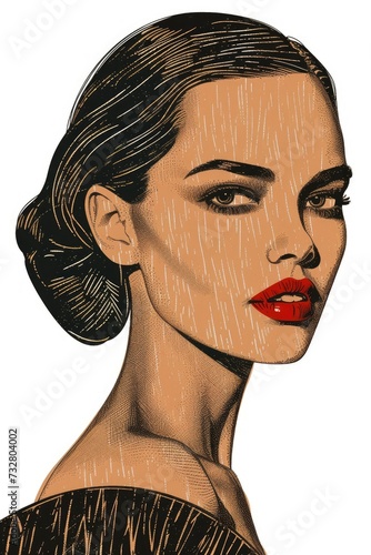 Realistic colored portrait of fashion model, woodcut, old vintage style, hand drawn simple graphics, isolated on white background 