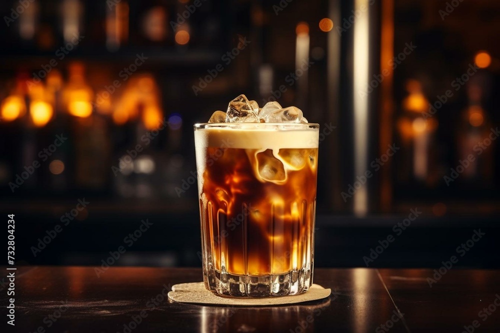 Layered iced coffee cocktail on bar counter in restaurant with liqueur. Fresh alcoholic cooler at nightclub. Showcases with bottles, dark background. Generative AI