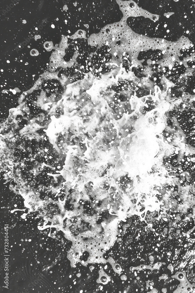 A monochromatic abstract photograph capturing the chaotic beauty of bubbles and foam in the water, ideal for minimalist and contemporary art collections..