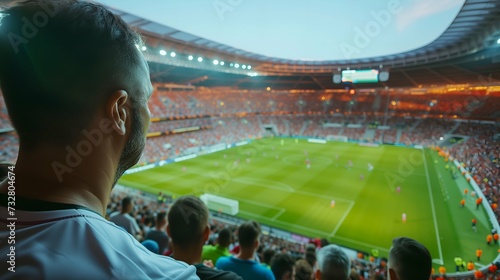 Football, soccer, sport, people and technology concept - close up of man stand and looking at playing soccer stadium photo