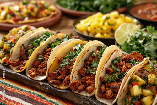 Bright Table Set with Tacos Al Pastor with Marinated Pork, Pineapples and Cilantro, Mexican Cuisine Concept