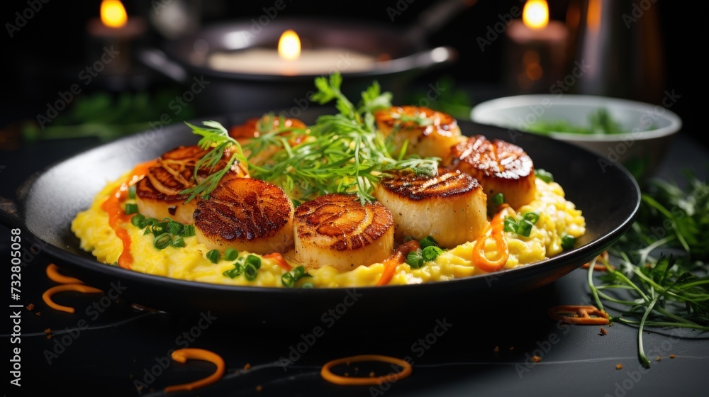 Saffron Risotto with Scallops. Best For Banner, Flyer, and Poster