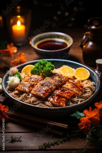 Soba Noodles with Tempura Shrimp. Best For Banner, Flyer, and Poster