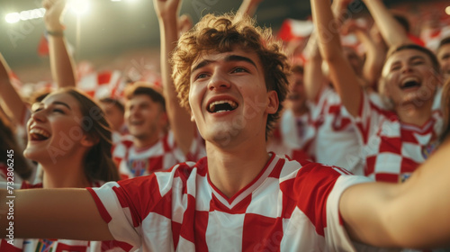 Croatian football soccer fans in a stadium supporting the national team, Kockasti  © PixelGallery