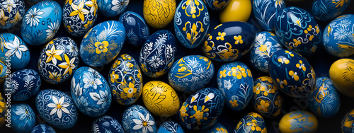 Easter Eggs banner with beautifully detailed floral patterns. Yellow, blue, teal spring flowers hand painted on colorful Easter eggs. Banner panorama for web, mobile, social by Vita