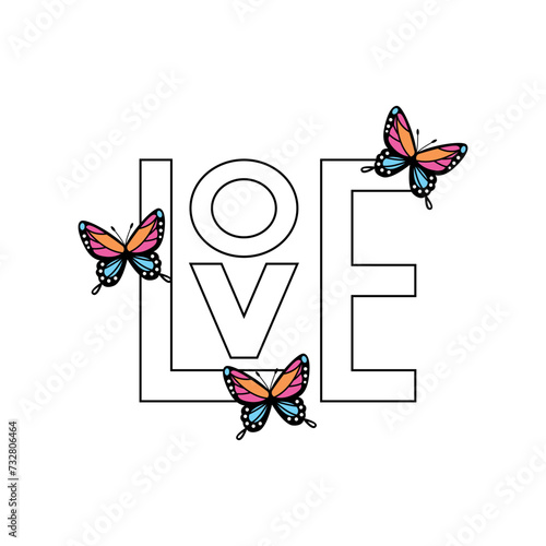 Love. Written in black and white with letters out of order and three scattered butterflies. Vector for silkscreen, dtg, dtf, t-shirts, signs, banners, Subimation Jobs or for any application.