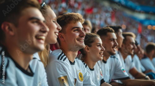 German football soccer fans in a stadium supporting the national team, Die Mannschaft 