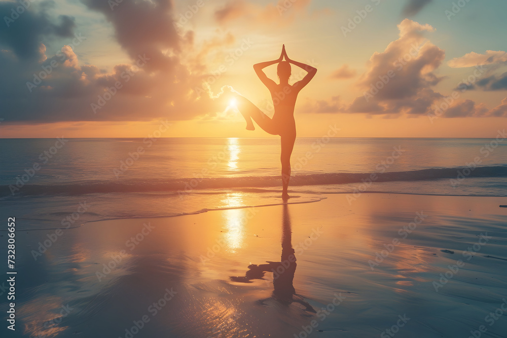Woman on beach at sunset doing yoga