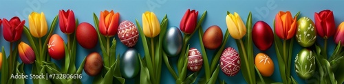 An overhead shot showcasing a variety of glossy Easter eggs, artistically arranged amidst a bed of multicolored tulips on a solid blue backdrop #732806616