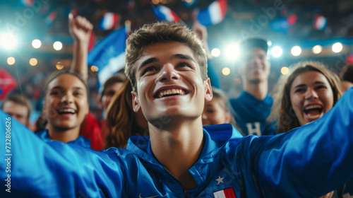 French football soccer fans in a stadium supporting the national team, Equipe tricolore 