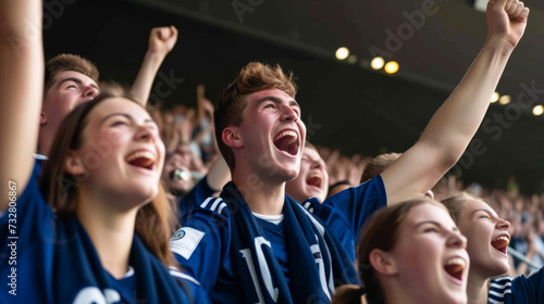 Scottish football soccer fans in a stadium supporting the national team, Bravehearts
