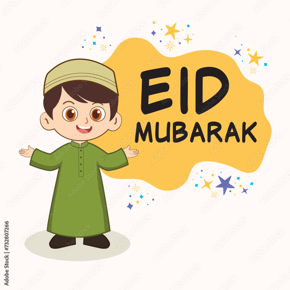 Vector illustration of a muslim boy wishing eid mubarak, islamic events, cartoon character of mulsim kid Vector illustration of a muslim boy wishing eid mubarak, islamic events, cartoon character of mulsim kid