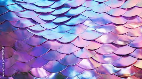 Holograficzna tapeta opalowa - technika i sztuka. Różowe, fioletowe i niebieskie odcienie tła łusek rybich lub syreny o półokrągłych kształtach geometrycznych.