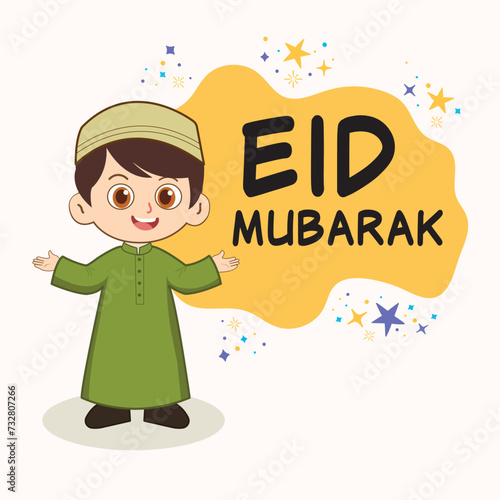 Vector illustration of a muslim boy wishing eid mubarak, islamic events, cartoon character of mulsim kid