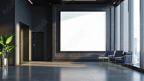 Empty room and billboard on the wall. blank board mock up ,3D Rendering © @_ greta