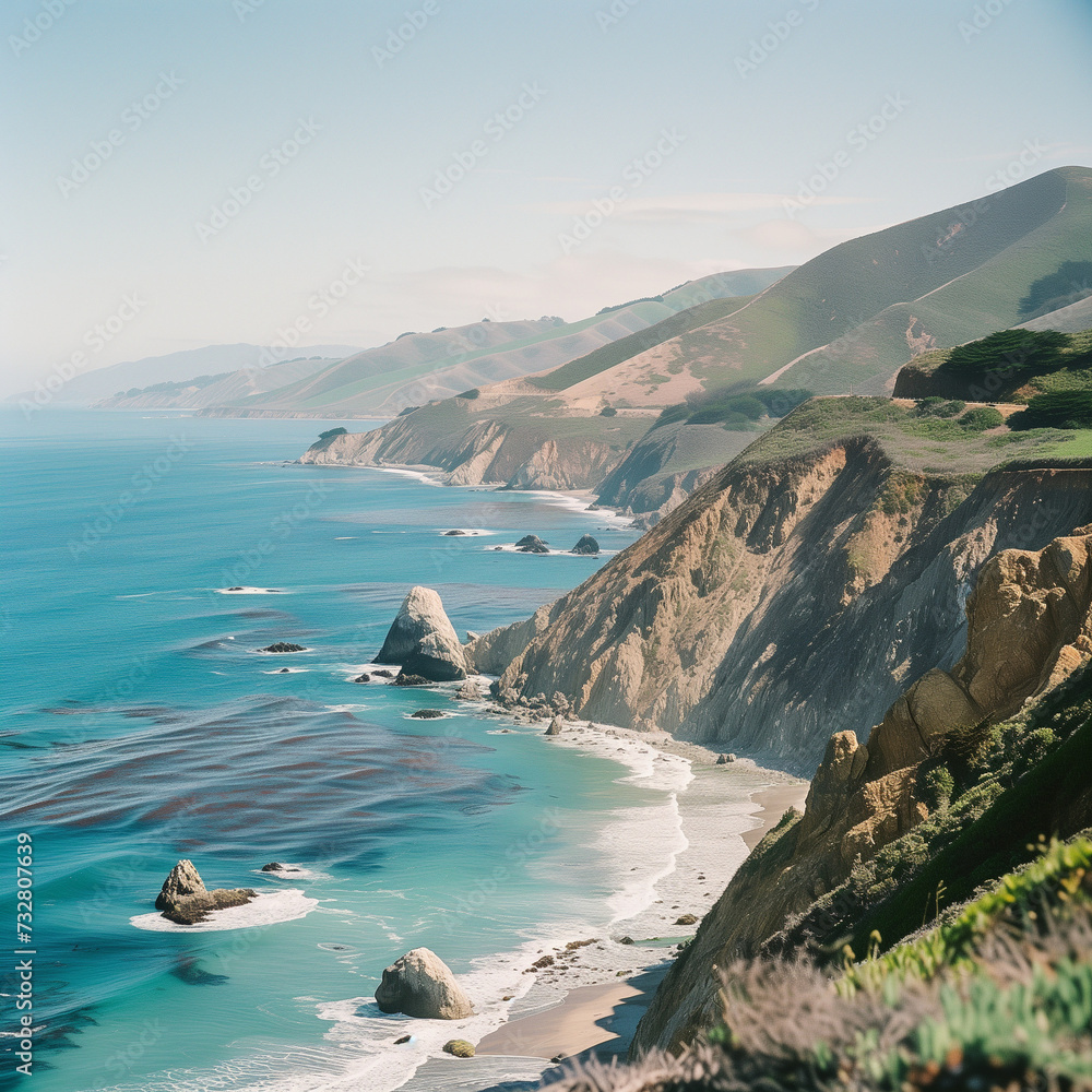 Scenic Pacific Coast Highway Overlooking Ocean Cliffs and Waves