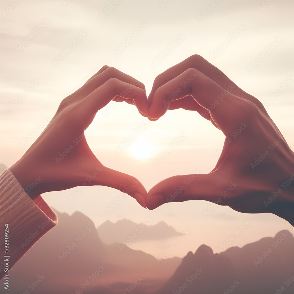 Fototapeta premium The person hand shows the heart shape symbol on the sunset background. Makes with a hand gesture a silhouette of a heart shape on a sunset sky background. Love and valentines day travel concept. 