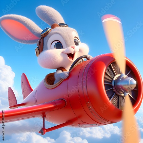 Cute bunny pilot hare flying on an airplane. Cute childrens illustration.  Ideal for Children's Book Illustration, Warm and Joyful photo