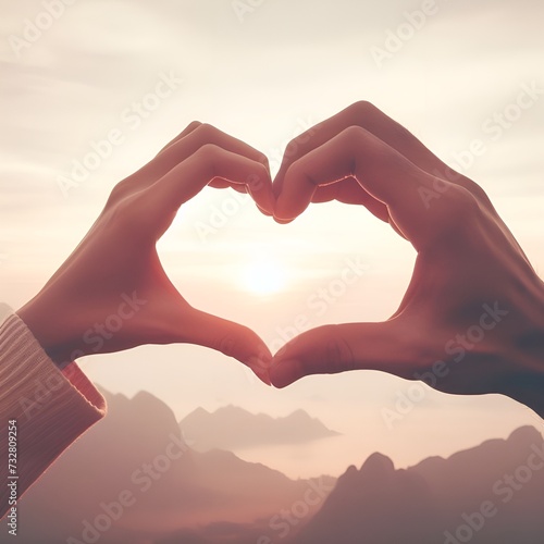 The person hand shows the heart shape symbol on the sunset background. Makes with a hand gesture a silhouette of a heart shape on a sunset sky background. Love and valentines day travel concept. 