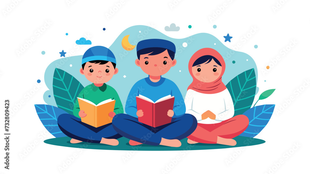 Children reading books together during evening hours Children reading books together during evening hours