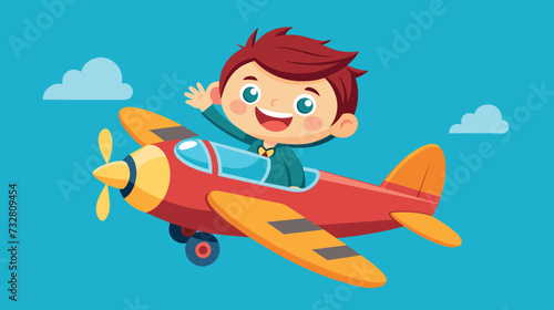 Cheerful cartoon boy flying a red airplane in the sky