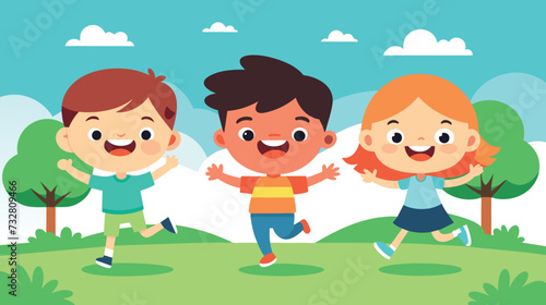 Happy cartoon children playing outdoors on a sunny day