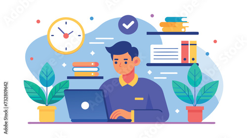 Focused man working on laptop with office supplies and plants