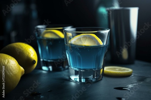 Two glasses of blue liquid with lemons on a countertop. Generative AI