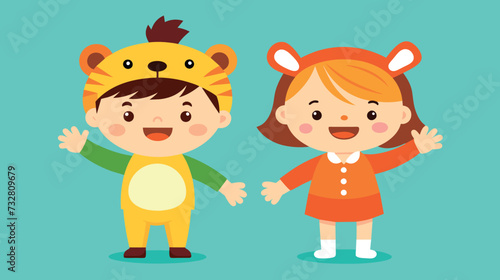 Cute children in animal costumes waving hands with joy