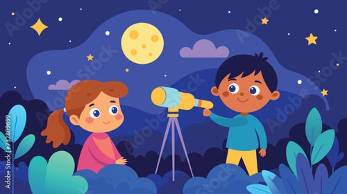 Children exploring the night sky with a telescope