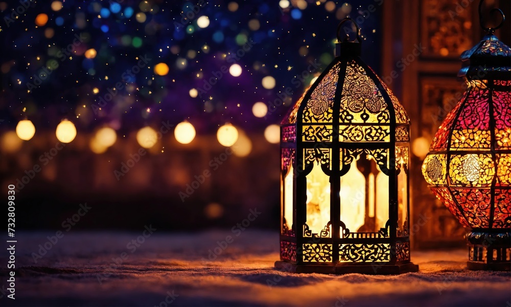 Muslim lamp on dark background with blurred lights