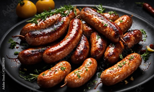 Hot grilled sausages on a black background, presented with a fork for a delicious and enticing visual.