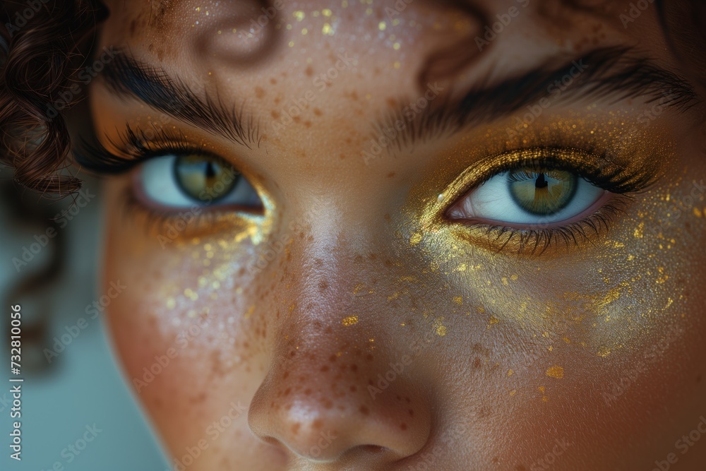 Golden makeup closeup focusing on one eye of a freckled brunette